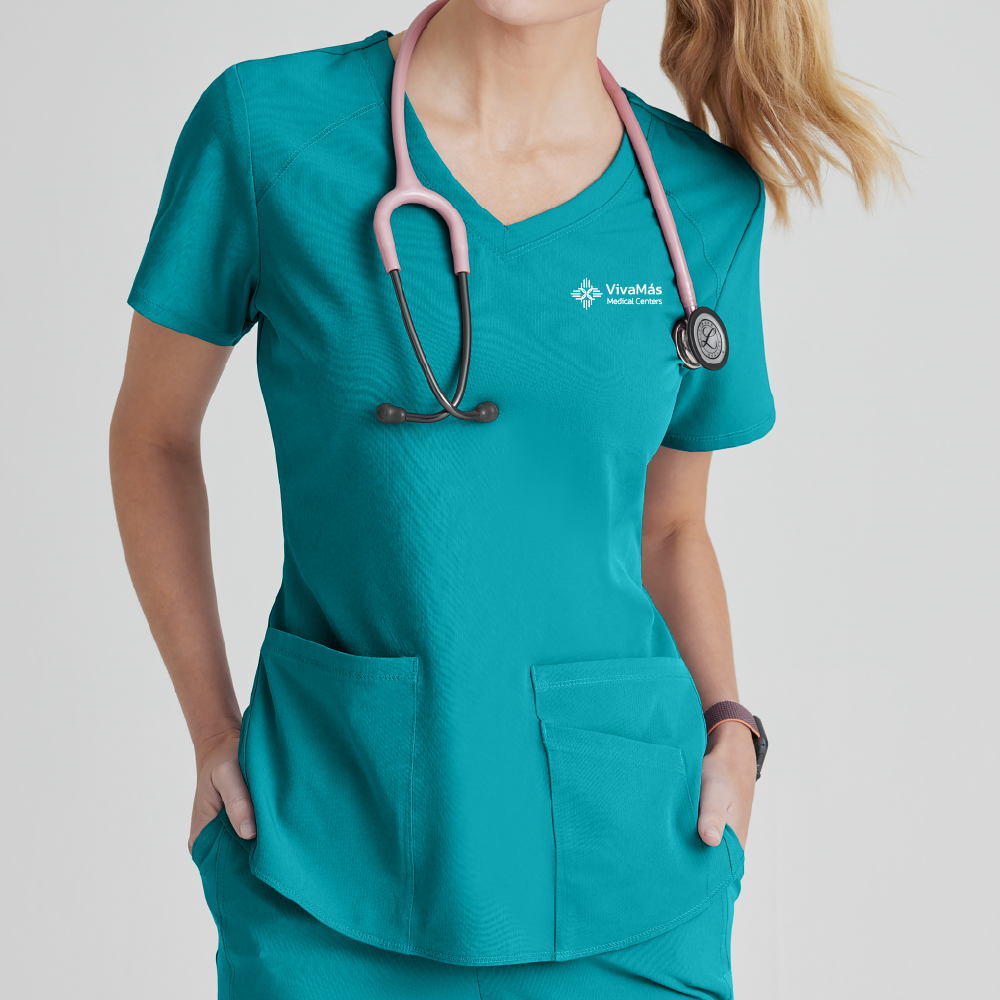 LADIES' TEAL SCRUB TOP WITH EMBROIDERED LOGO
