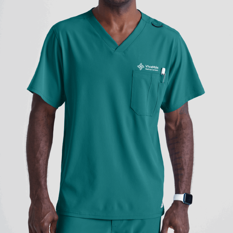 MEN'S TEAL SCRUB TOP WITH EMBROIDERED LOGO