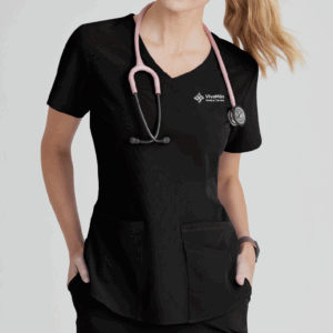 BLACK LADIES' SCRUB TOP WITH EMBROIDERED LOGO