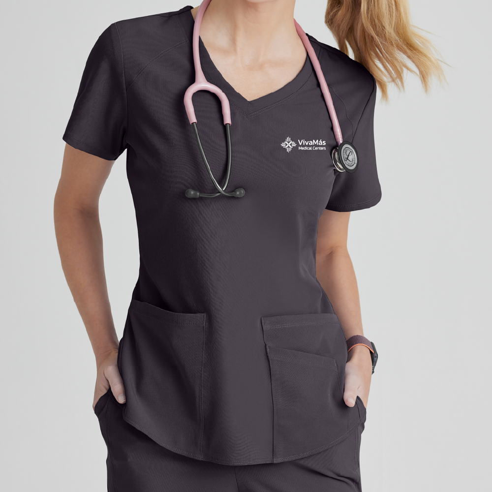 LADIES' GREY SCRUB TOP WITH EMBROIDERED LOGO