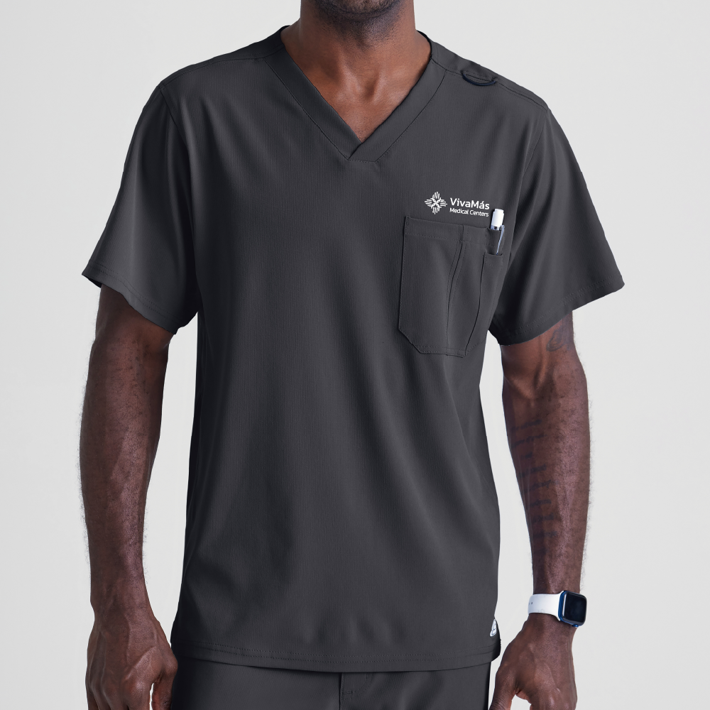 MEN'S GREY SCRUB TOP WITH EMBROIDERED LOGO